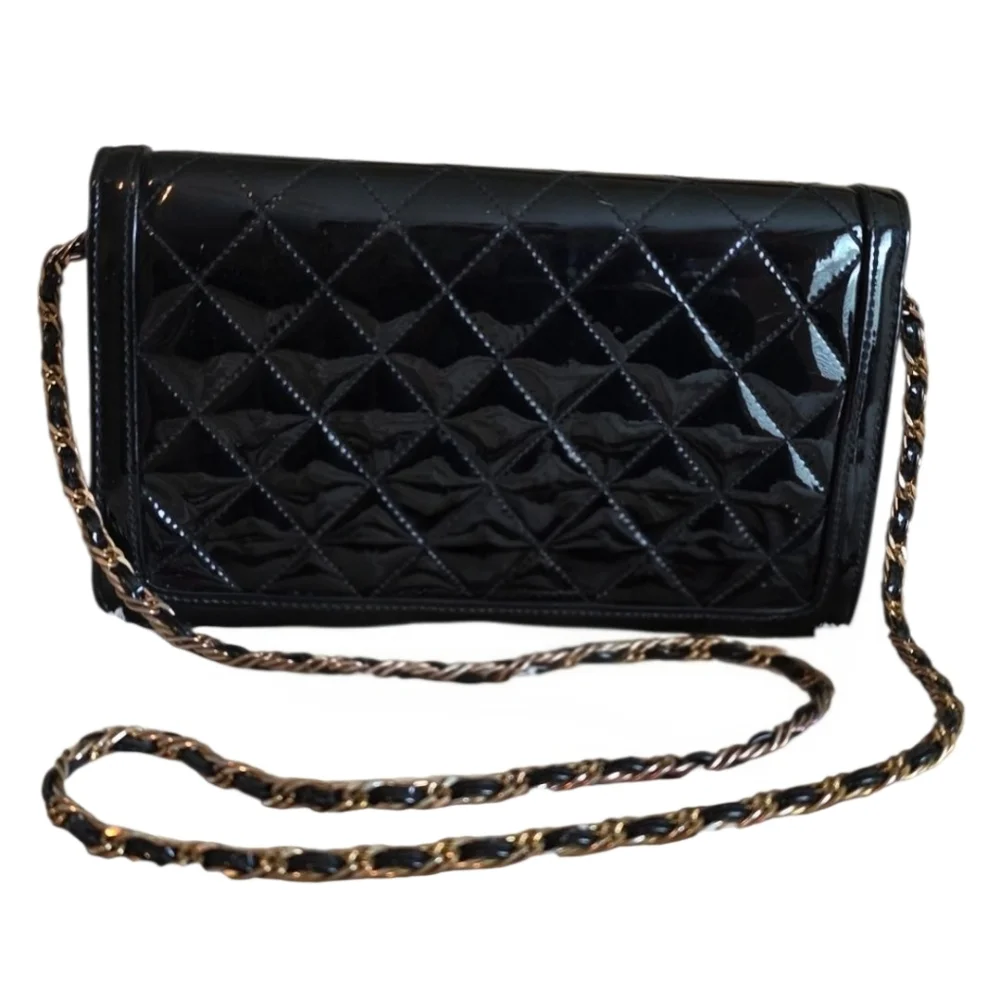 Vintage Ande' Purse Black Quilted Patent Leather Crossbody Clutch Bag